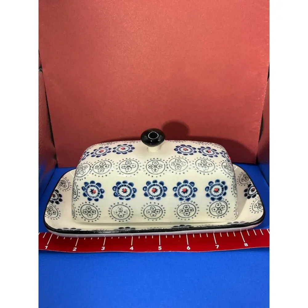 Royal Ceramic Butter Dish Blue & Cream Red Dots are Raised